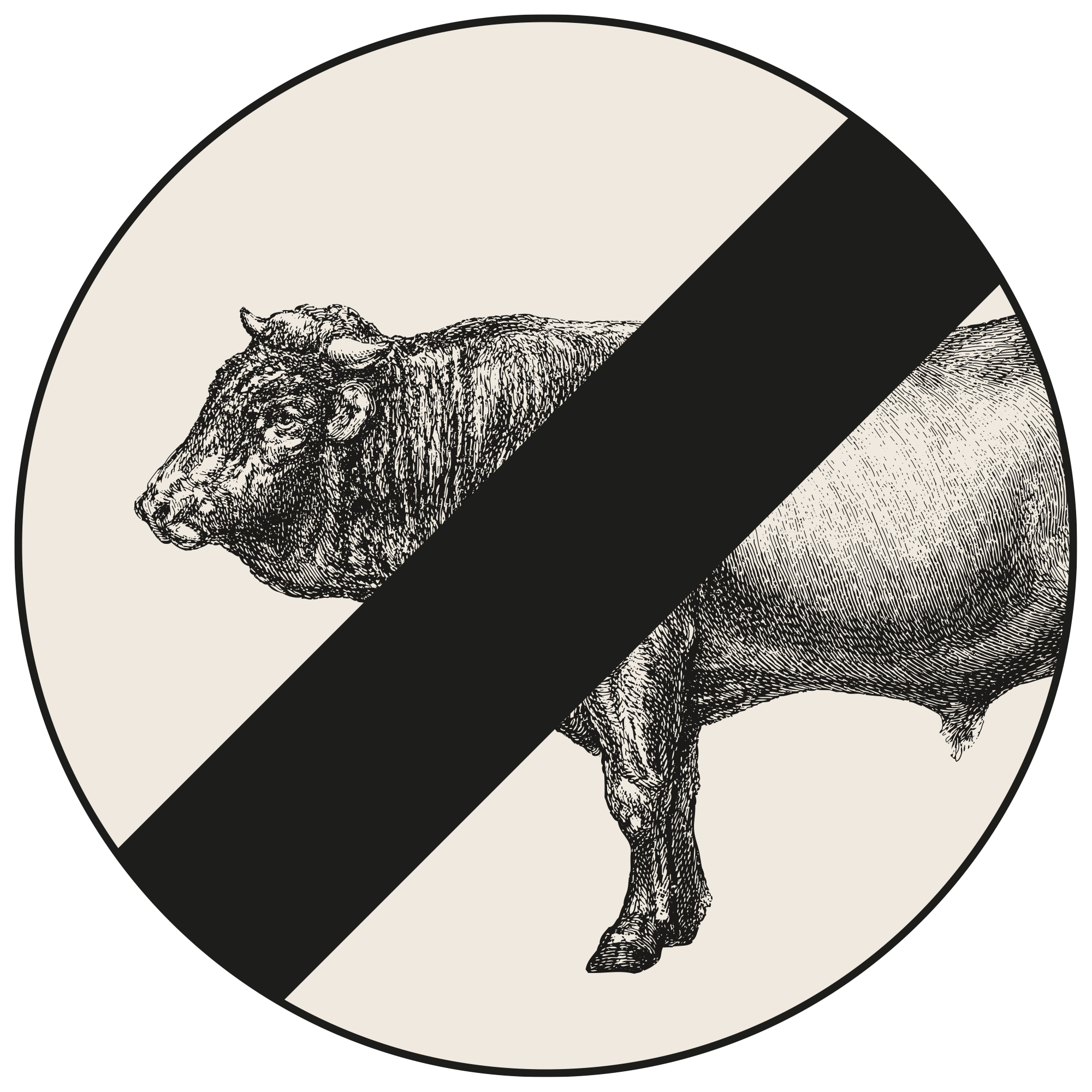 The Vital Bull. The bull is hand drawn in black and white and features a black diagonal bar over it.